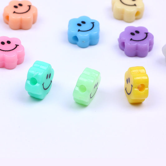 Flower Acrylic Beads 6-9mm Smiling Face Flat Pastel Mixed 100pcs