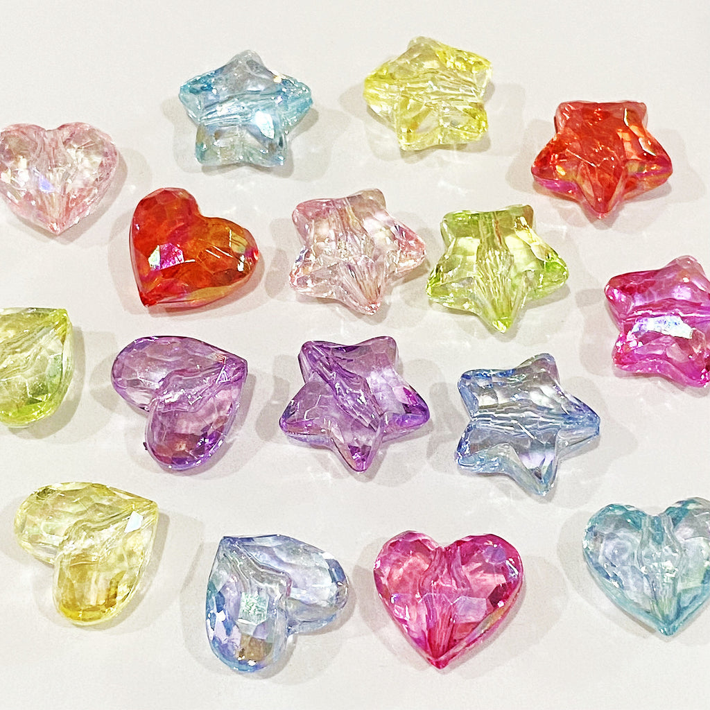 Clear Heart and Star Acrylic Beads 17-20mm Iridescent AB Coated 20pcs