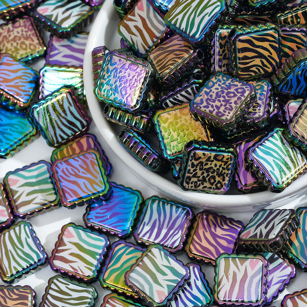 Plating Square Acrylic Beads 18mm Leopard Lace Pattern 10pcs 4