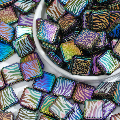 Plating Square Acrylic Beads 18mm Leopard Lace Pattern 10pcs 4