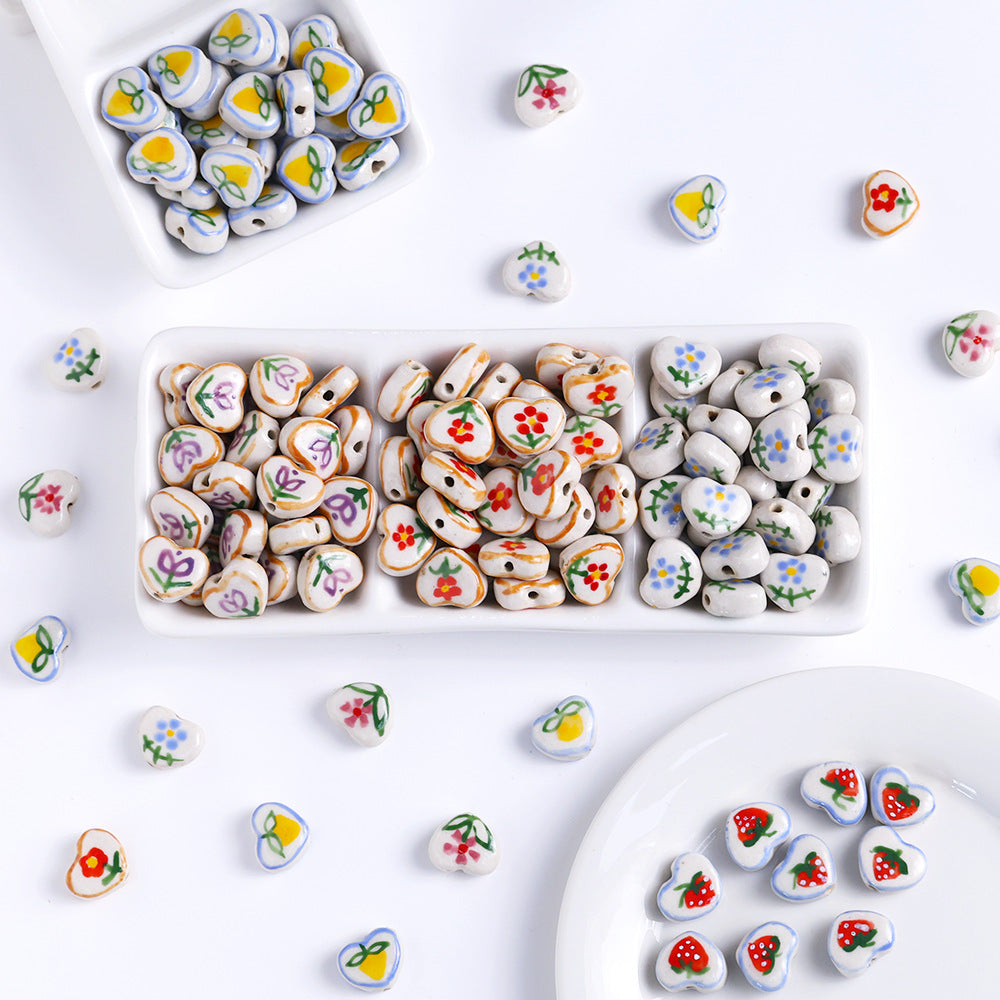 Hand Painted Heart Ceramic Beads 14mm Floral Pattern 5pcs