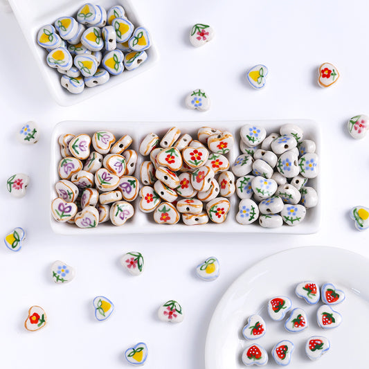 Hand Painted Heart Ceramic Beads 14mm Floral Pattern 5pcs