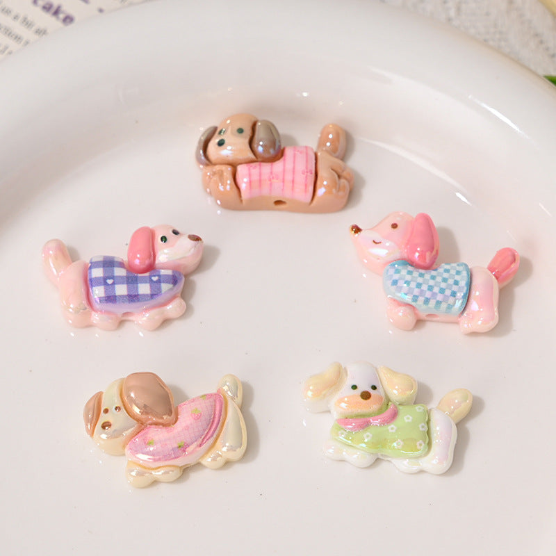 Plating Cute Puppy Resin Beads 26mm Pastel Plaid 10pcs 2