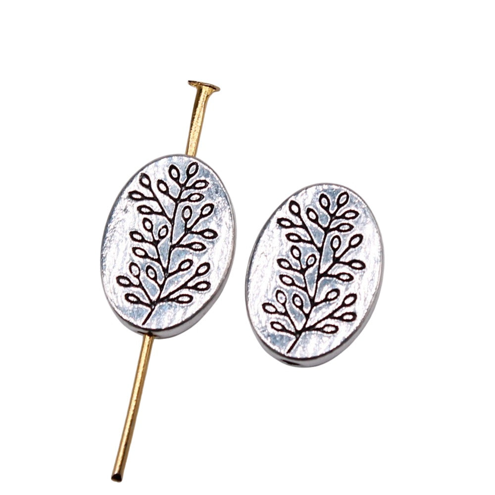 Oval Flat Metal Beads 14x10mm Silver Tone Branch Pattern 30pcs 3