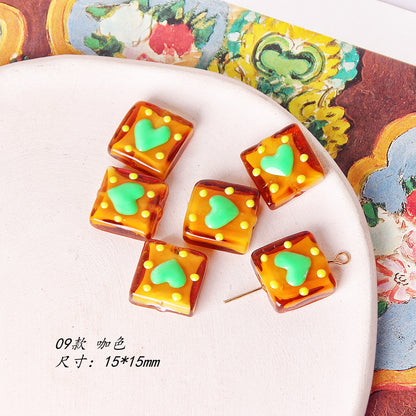 Lampwork Glass Beads Square 15mm Hand Painted Dotted Heart 10pcs 13