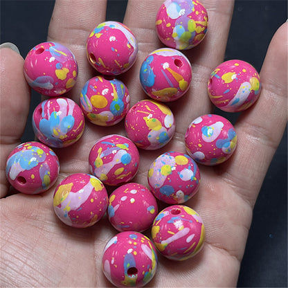 Hand Painted Acrylic Beads 16mm Inkjet Splatter Pink Glossy 100pcs 7