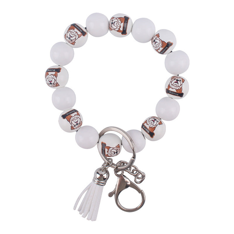 Wooden Dog Silicone Bead Tassel Wristlet Keychain Pomeranian Husky Beagle Bulldog 10