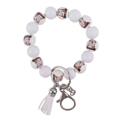 Wooden Dog Silicone Bead Tassel Wristlet Keychain Pomeranian Husky Beagle Bulldog 10