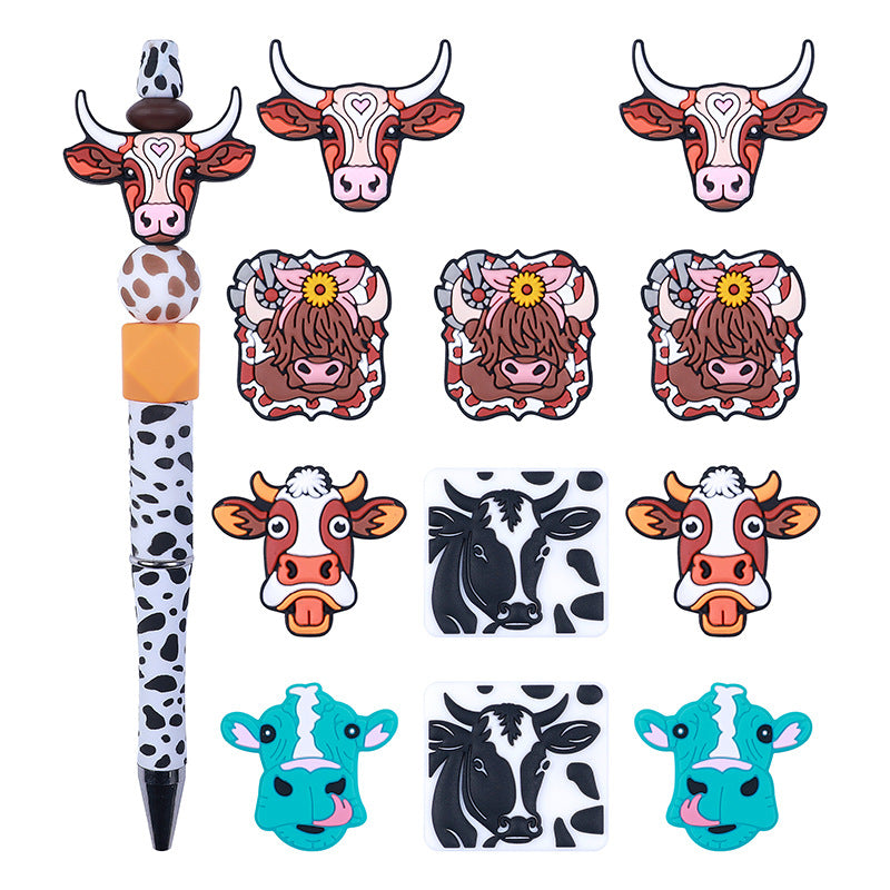 Silicone Focal Beads Farm Highland Cattle Square Cow Surprised Expression 20pcs