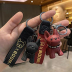 Bulldog Puppy Keychain Resin with Studded Collar and Leather Strap