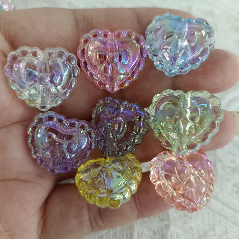 Transparent UV Plating Bow Heart Acrylic Beads 22mm 100pcs