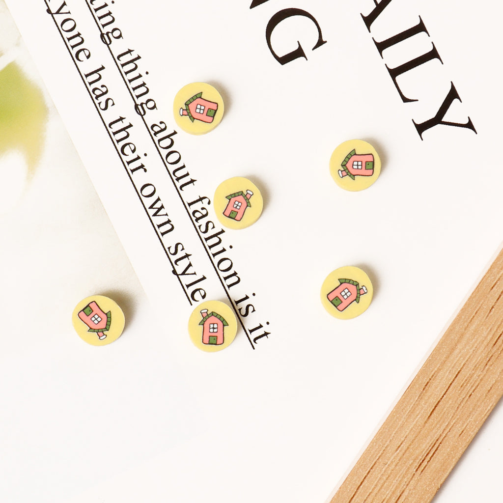 Flat Round Clay Beads 9mm Yellow with Pink House Pattern 100pcs 4