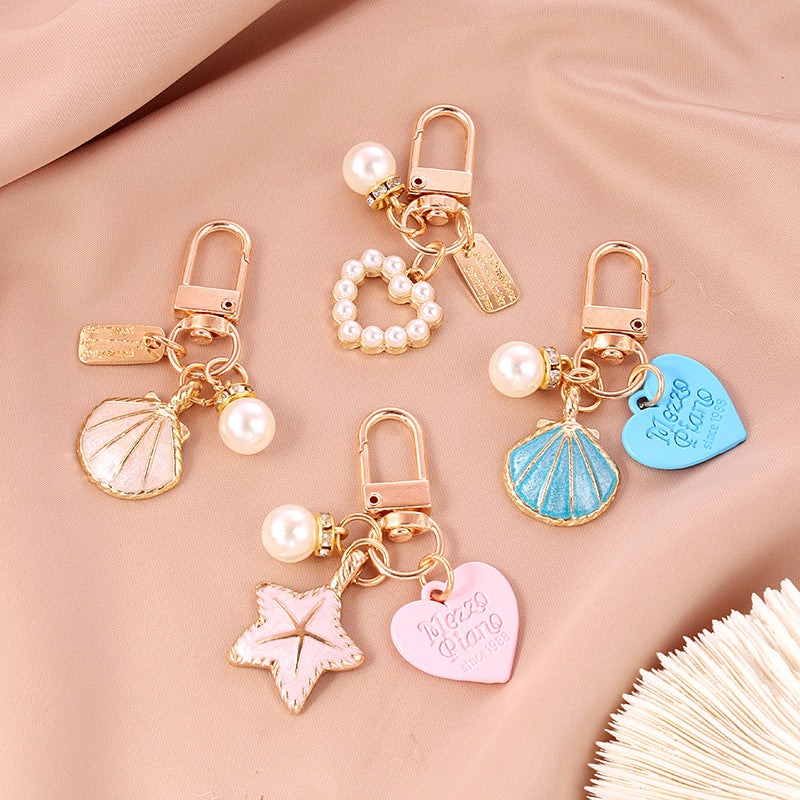 Alloy Starfish Keychain Metal Pastel Shell and Pearl Charm