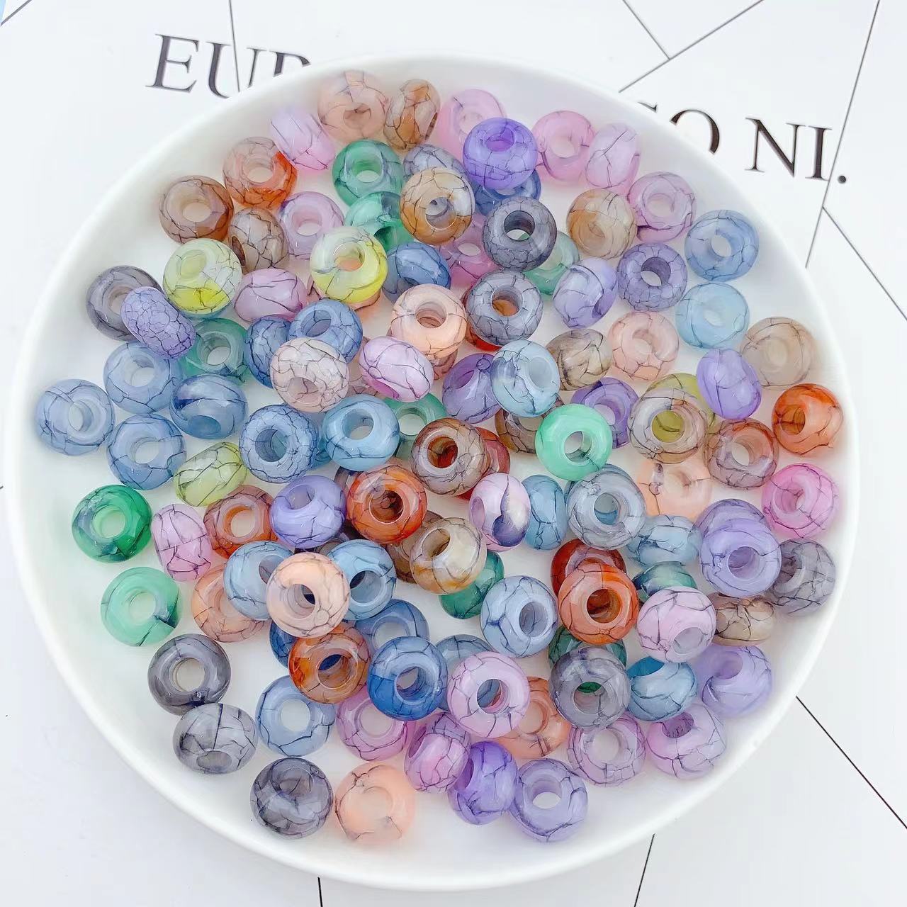 Acrylic Flat Round Spacer Beads 14mm Large Hole Dual Color Crackle 60pcs 4