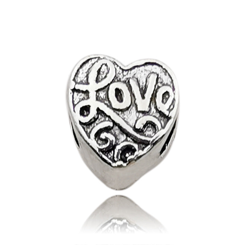 Heart Metal Beads Large Hole Metallic Silver Tone 30pcs 9