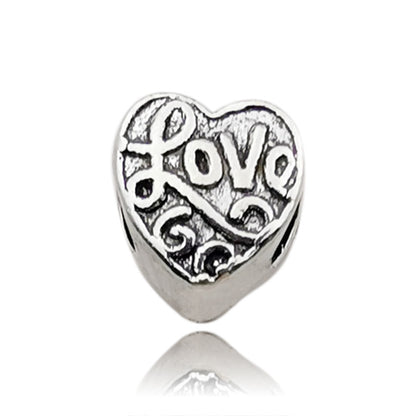 Heart Metal Beads Large Hole Metallic Silver Tone 30pcs 9
