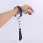 Silicone Beaded Wristlet Keychain with Wooden Beads and Leather Tassel 8cm 4