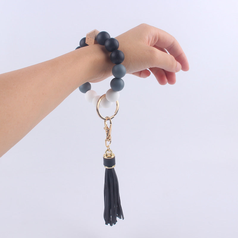 Silicone Beaded Wristlet Keychain with Wooden Beads and Leather Tassel 8cm 4