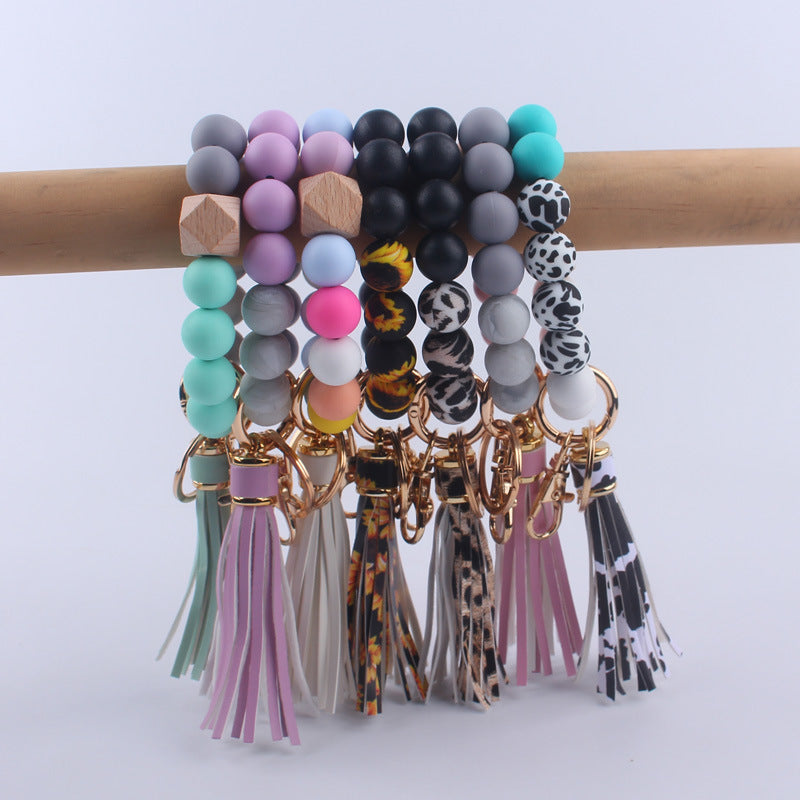 PU Leather Tassel Silicone Bead Wristlet Keychain Colorful Animal Print 4