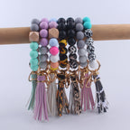 PU Leather Tassel Silicone Bead Wristlet Keychain Colorful Animal Print 4