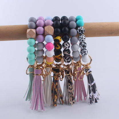 PU Leather Tassel Silicone Bead Wristlet Keychain Colorful Animal Print 4
