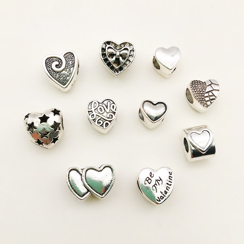 Heart Metal Beads Large Hole Metallic Silver Tone 30pcs
