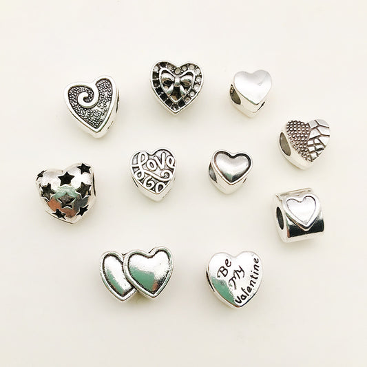 Heart Metal Beads Large Hole Metallic Silver Tone 30pcs