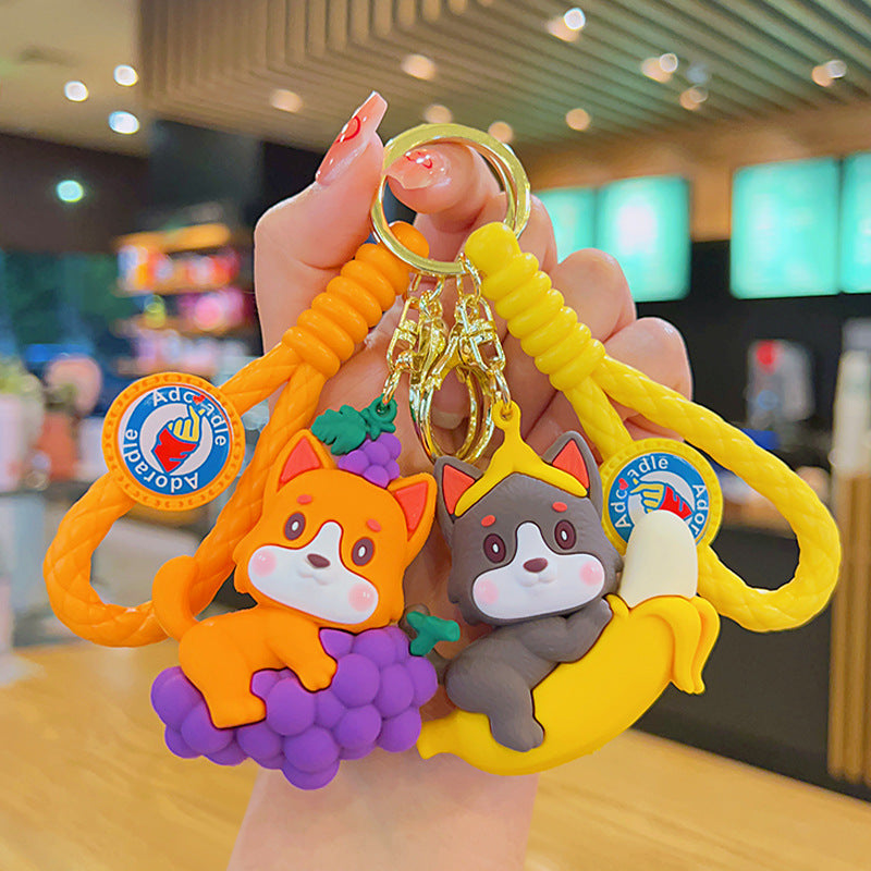 Soft Rubber Fruit Dog Keychain Cute Grape and Banana Design