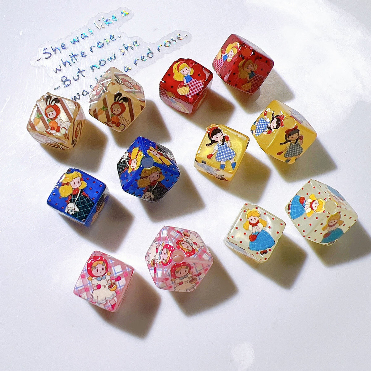 Pretty Girl Printed Square Acrylic Beads 14mm Diagonal Hole 10pcs