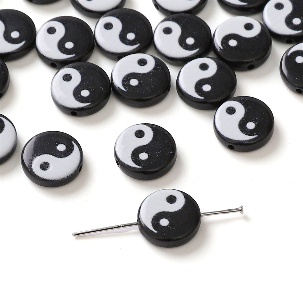 Tai Chi Flat Acrylic Beads 7-13mm Black White Color Printing 5pcs 6