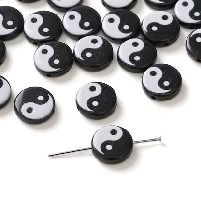 Tai Chi Flat Acrylic Beads 7-13mm Black White Color Printing 5pcs 6