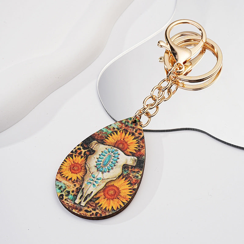 Sunflower Western Keychain Metal Cattle Skull Leopard Print Turquoise 4