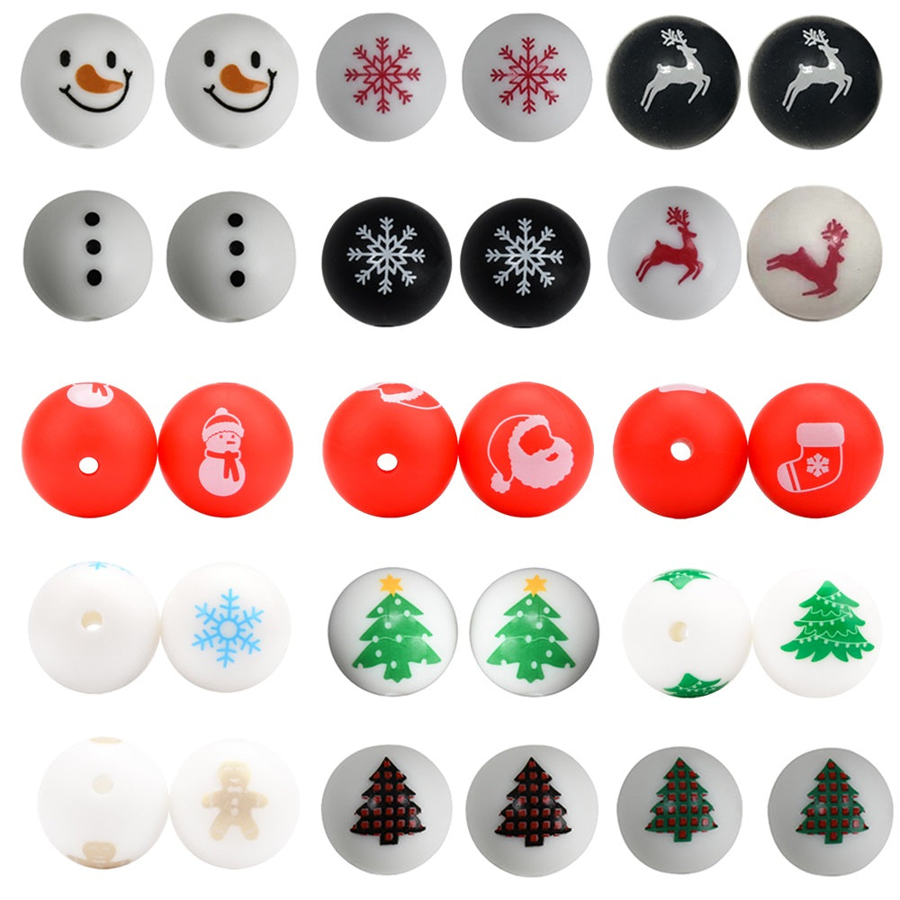 15mm Printed Christmas Silicone Beads Festive Holiday Designs 50pcs