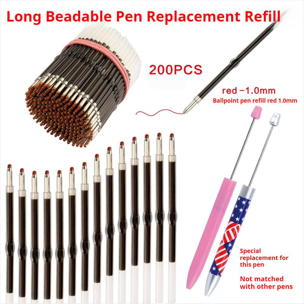 Red ballpoint pen refill for long beadable pen
