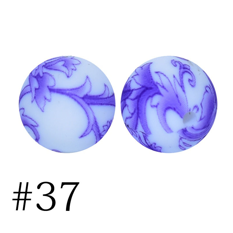 Round Printed Silicone Beads 37