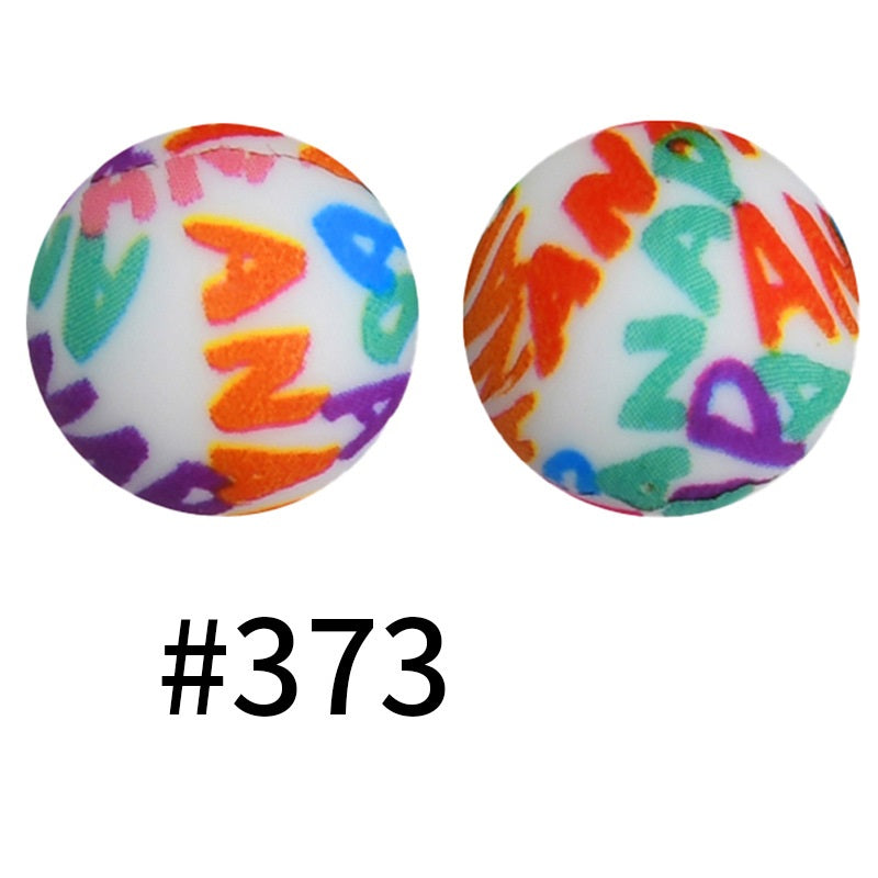 15mm Printed Silicone Beads Color 50pcs #351-#553