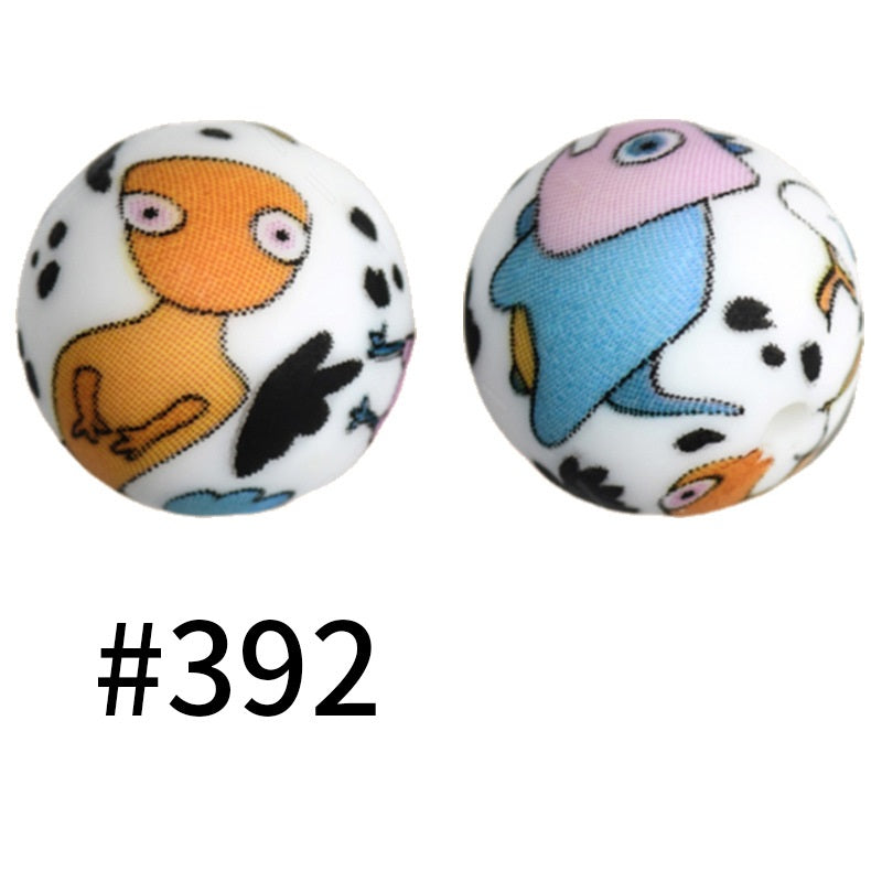 15mm Printed Silicone Beads Color 50pcs #351-#553