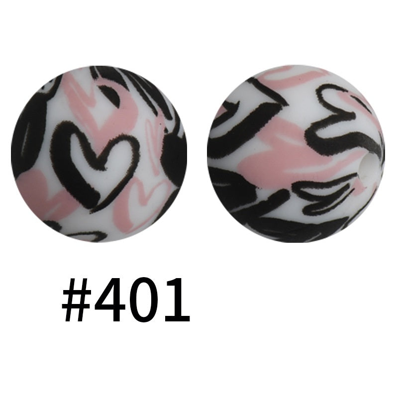 15mm Printed Silicone Beads Color 50pcs #351-#553