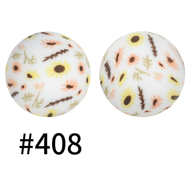 15mm Printed Silicone Beads Color 50pcs #351-#553