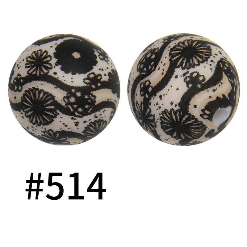 15mm Printed Silicone Beads Color 50pcs #351-#553