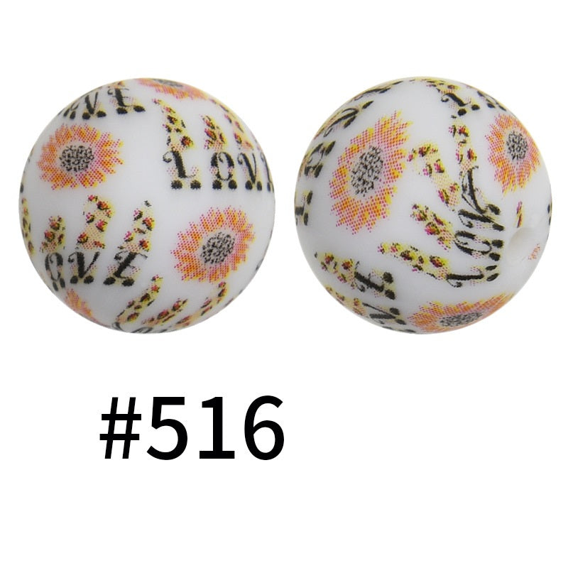 15mm Printed Silicone Beads Color 50pcs #351-#553