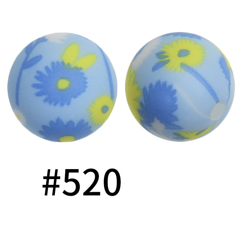 15mm Printed Silicone Beads Color 50pcs #351-#553