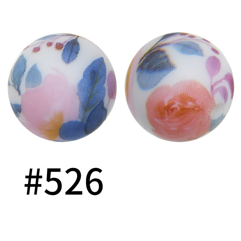 15mm Printed Silicone Beads Color 50pcs #351-#553