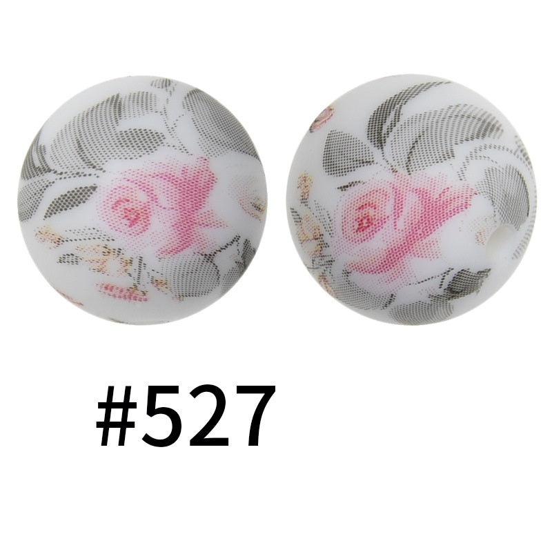15mm Printed Silicone Beads Color 50pcs #351-#553