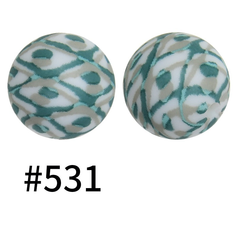 15mm Printed Silicone Beads Color 50pcs #351-#553