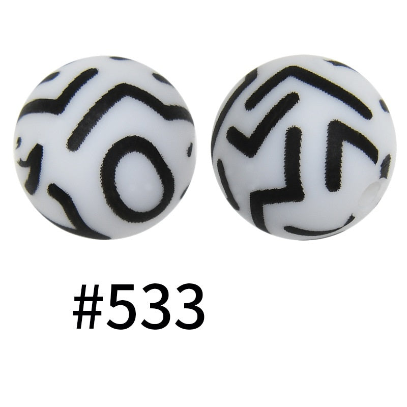15mm Printed Silicone Beads Color 50pcs #351-#553