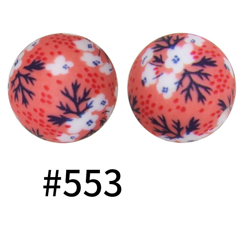 15mm Printed Silicone Beads Color 50pcs #351-#553