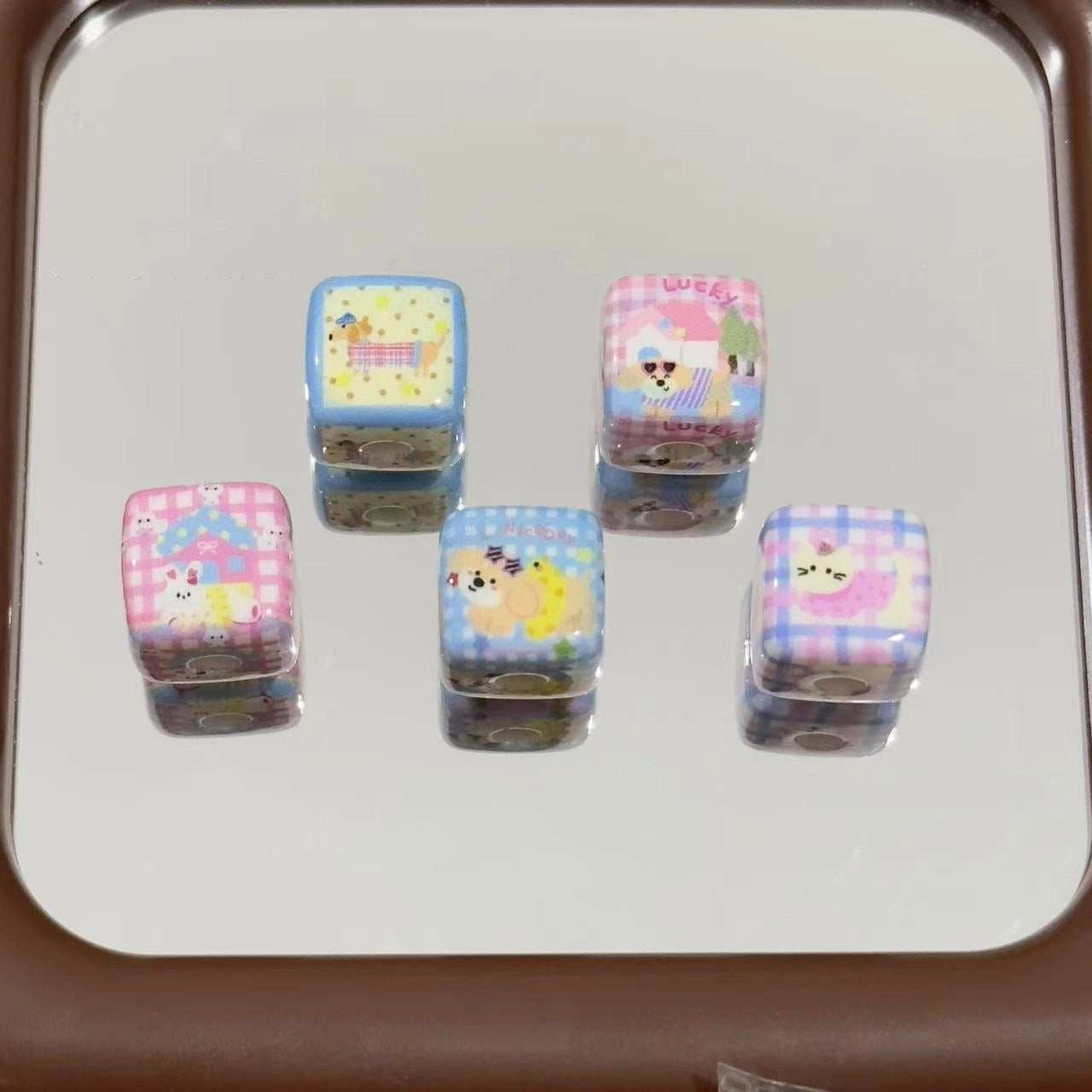 Spring Blue Pink Puppy Square Acrylic Beads 14mm 10pcs