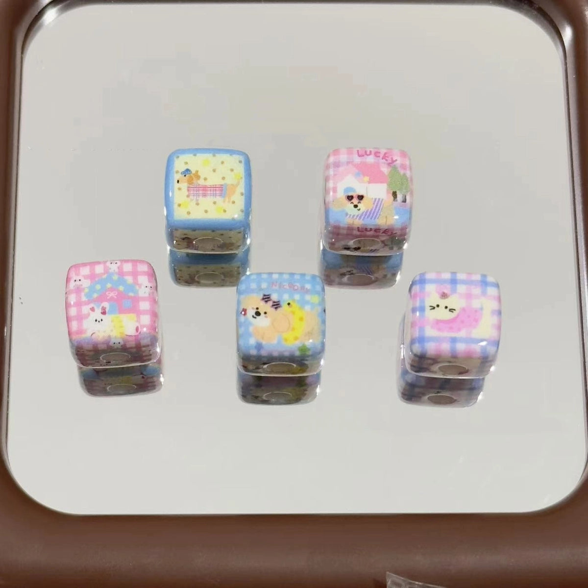 Spring Blue Pink Puppy Square Acrylic Beads 14mm 10pcs