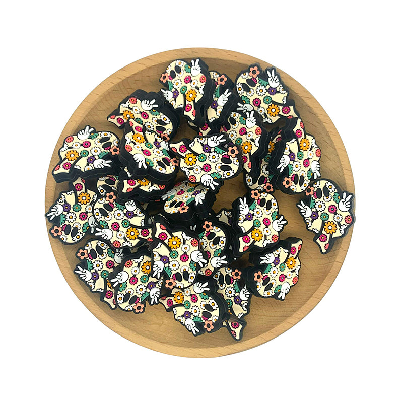 Silicone Focal Beads Halloween Daisy Ghost Holding Peace Sign 20pcs 2